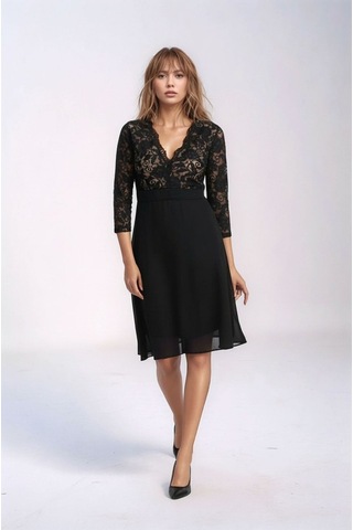 Kadın Tül Yaka Detaylı Truvakor Kol Şık Rahat Kalıp Büyük Beden Curve Abiye Gece Elbisesi Siyah