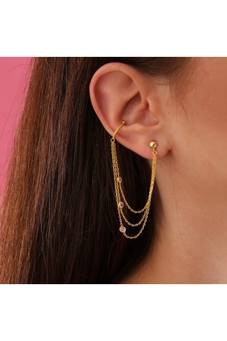 Queen Silver Jewelry 925 Ayar Gümüş Zirkon Taşlı Kıkırdak Küpe Altın