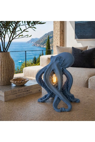 3dlab Luxury Ahtapot Masa Lambası Dekoratif Tasarım Abajur Rustik Ampullü Premium Ev Dekoru Mavi