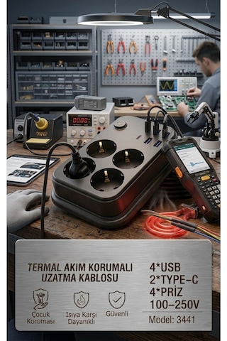 Akım Korumalı 4 Lü Priz 2x Usb-c 4x Usb-a Şarj 2m Kablo Uzatma Çocuk Korumalı Çoklu Priz 2 M
