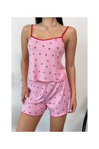 Giysa Kadın Askılı Kiraz Desenli Şortlu Pijama Takımı Pembe - 3300