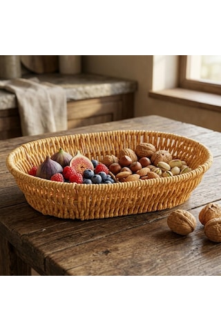 El Yapımı Doğal Hasır Sepet - Oval Ekmeklik Ve Çok Amaçlı Düzenleyici 25,50x18x6 Cm Çok Renkli