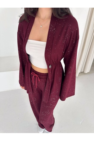 Kadın Simli Uzun Kol Modal Kumaş Kimono Pantolon İkili Takım Şık Ve Rahat Kadın Takım Bordo