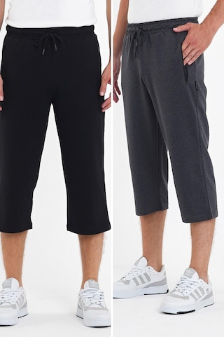 Mmetalic Erkek 2'Li Cepleri Fermuarlı Siyah-Antrasit Bermuda Diz Altı Kapri Beli Ayarlanabilir Lastikli Uzun Şort 001