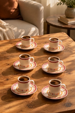 Porsima 0643 12 Parça Porselen Türk Kahve Fincan Takımı - Kahve Fincan Seti - 90ml Çok Renkli