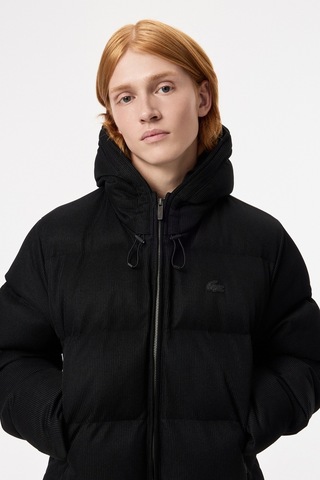 Lacoste Down Fill Mens Parka Sabit Kapüşonlu Kaz Tüyü Erkek Fitilli Parka Siyah