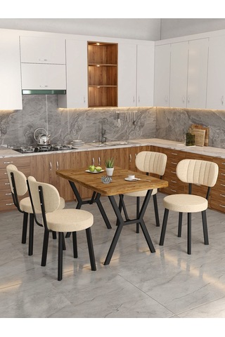 Azra 70x110cm Atlantik Mutfak Masası, Mutfak Masası Takımı, Yemek Masası, 4 Krem Sandalye Krem