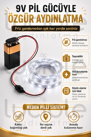 4 Metre Beyaz 9v Pilli Anahtarlı Şerit Led Set Pil Dahil Prizsiz Yapışkanlı Dolap Raf Işığı