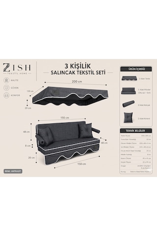 Altaleno 3 Kişilik 150 48 Cm Süngerli Bahçe Balkon Salıncak Minderi Yıkanabilir Kılıflı, Tenteli Keten Kumaş Tekstil Seti 24 Dns 8 Cm Orta Sert Sünger Gri