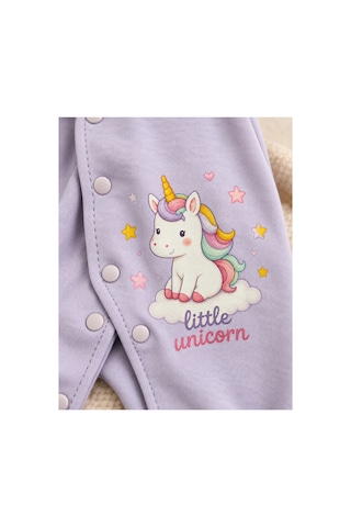 Omeca Concept Kız Bebek Unicorn Desenli 3'lü Tulum Seti Lila Ve Ekru Çıtçıtlı Patikli 2 Tulum Ve Fiyonklu Bandana
