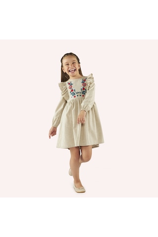 Kız Çocuk Nakış Detaylı Elbise Bej 2421gk26011-4945 001