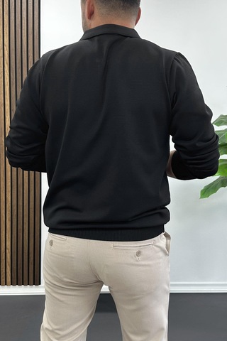 Edwox Erkek Yarım Fermuarlı Düz Desen Polo Yaka Kazak Siyah Edw424 Siyah