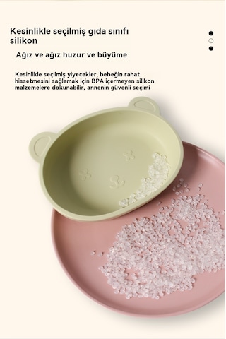 Jianfan Ayıcık Desenli Vakumlu Silikon Mama Kabı Bebek Beslenme Kasesi Haki Haki