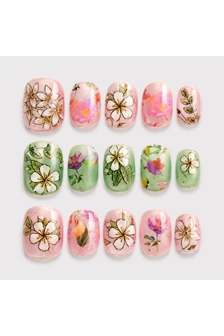 Renkli Nail Art Kısa Oval El Yapımı Jel Takma Tırnak Kkbd1788 L