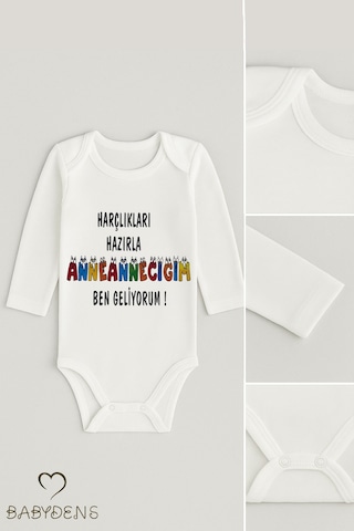 Babyden's Harçlıkları Hazırla Anneanneciğim Ben Geliyorum Yazılı,uzun Kollu Bebek Body %100 Pamuk Çıtçıtlı Zıbın Beyaz