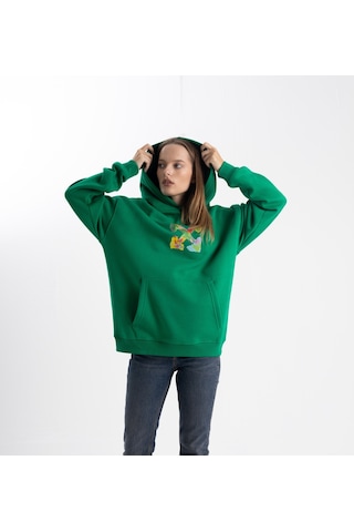 Unisex Ok Baskılı Kapşonlu Sweatshirt Yeşil