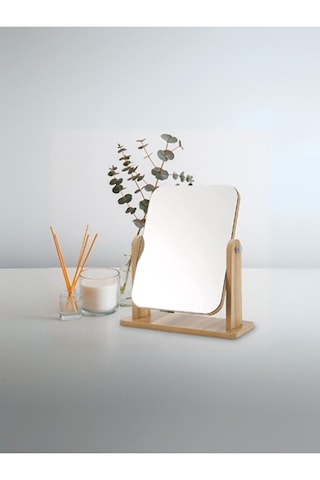 Masa Üstü Ahşap 360 Derece Ayarlanabilir Makyaj Güzellik Traş Cilt Bakım Aynası 13x18 Cm Açık Kahverengi