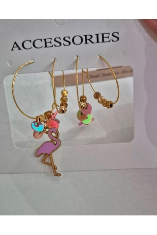 Pembe Flamingo Gold Halka Dörtlü Bayan Küpe Set Gold - Pembe