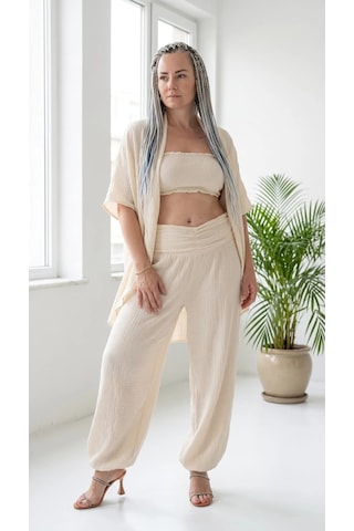 Byemelika %100 Pamuk, Bürümcük, Lastik Detay, Bohem Lidya Kaftan Bej