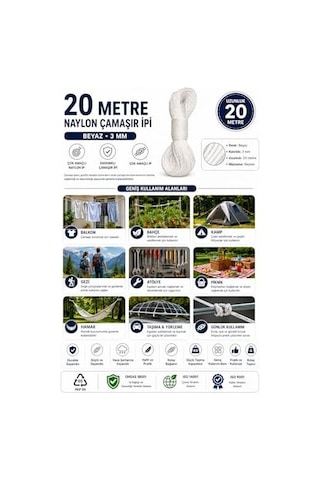 20 Metre Beyaz Naylon İp 3 Mm, Çok Amaçlı Dayanıklı Çamaşır İpi, Kamp Bahçe Balkon Hamak Ve Taşıma Sabitleme İpi, Dayanıklı Çamaşır İpi Kalın, Asma İpi Güçlü Halat İp, Sağlam İp, Kaliteli Açık Ahşap