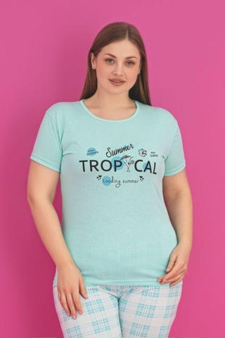 X-dreamy Büyük Beden Pamuklu Ekose Kareli Kısa Kollu Pijama Takımı Mavi