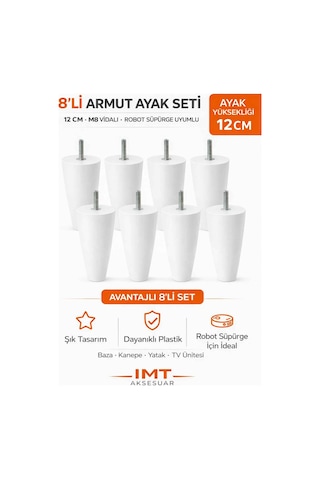 İmt Aksesuar Armut Mobilya Ayağı 8 Adet 12 Cm Beyaz Robot Süpürgeye Uyumlu Koltuk Kanepe Baza Ayağı Seti Beyaz