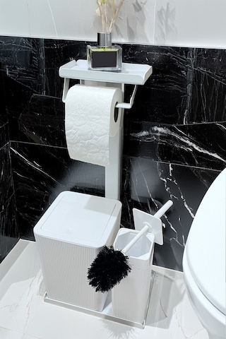 3'ü 1 Arada Banyo Seti Tuvalet Kağıtlık, Çöp Kovası Ve Tuvalet Fırça Takımı Beyaz