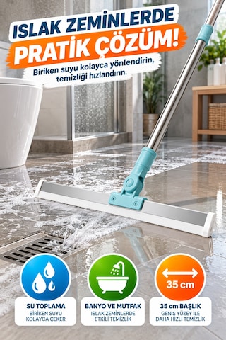 180 Döner Başlıklı Teleskopik Yer Sileceği 35 Cm Cam Banyo Mutfak Zemin Su Çekme Aparatı Pratik Mop