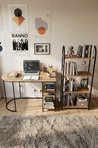 Reyo Falez Çalışma Masası Ve Kitaplık Seti Metal Ayaklı,minimalist Tasarım,geniş Masa Alanı,çok Raflı Atlantik Çam