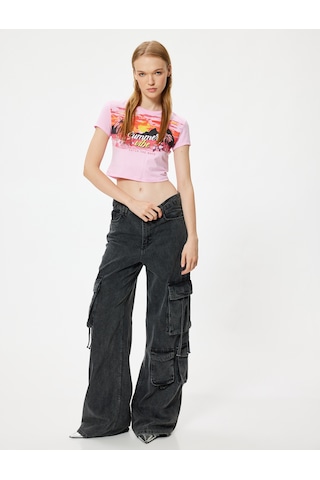 Koton Crop Tişört Kısa Kollu Slogan Baskılı Bisiklet Yaka Slim Fit Pembe 4sal11178ık Gül