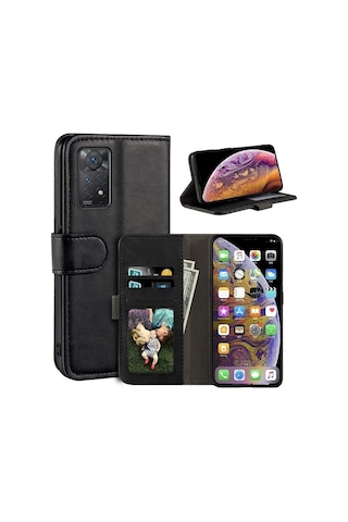 Xiaomi Redmi Note 11pro 5g Uyumlu Kılıf Tam Kaplar Deri Dokulu Kapaklı Cüzdan Standlı Siyah