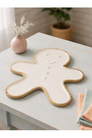 Gingerbread Formlu Büyük Dekoratif Seramik Tabak Beyaz