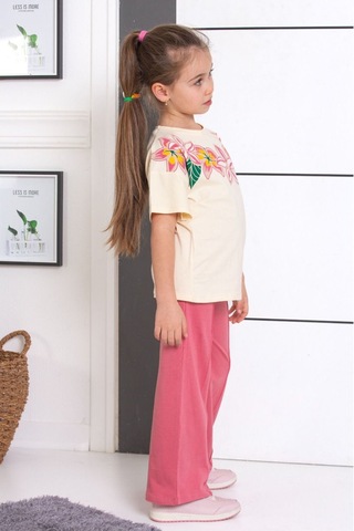 Tunays Shopping İspanyol Paça Tayt Pantolon Çiçek Baskılı Oversize Tshirt Kız Çocuk Alt Üst Takım Pembe