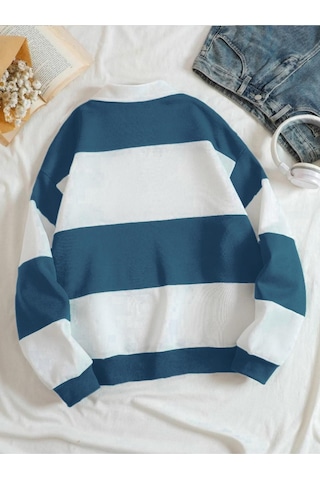 Altamira Unisex Çizgili Oversize Polo Yaka Yarım Fermuarlı Sweatshirt 001