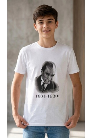 Wear Vexel Erkek Çocuk Atatürk Baskılı Tişört Kısa Kollu Bisiklet Yaka T-shirt - Beyaz Çok Renkli