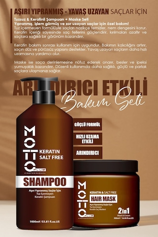 Motto Plus Professional Yavaş Uzayan - Aşırı Yıpranmış Saçlar İçin Tuzsuz Keratinli 2'li Saç Bakım Seti Şampuan - Maske