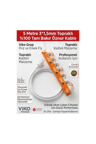 Viko 6'lı Grup Priz 5 Metre - 3x1.5mm %100 Saf Bakır Öznur Kablolu Uzatma Kablosu Çocuk Korumalı & Ark Yapmaz 5 M