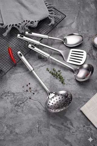 4 Parça Çelik Mutfak Servis Seti, Kepçe Kevgir Spatula Kaşık Takımı Çeyiz Seti, Mutfak Sofra Seti Ergonomik Sapl