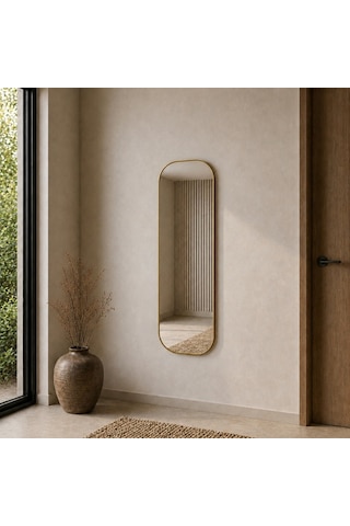 Modern Oval Boy Aynası 40x120 Cm Yuvarlak Hatlı Minimalist Dekoratif Duvar Aynası 2026 Trend Altın