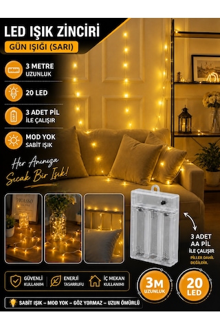 Kablolu Led Işık Zinciri Gün Işığı Dekoratif Led Aydınlatma Oda Duvar Yatak Odası Parti Yılbaşı Süsü 3 Metre 20 Led Sarı