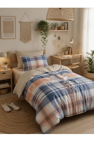 Mystory Home Lastikli Çarşaflı Tek Kişilik Nevresim Takımı Plaid Lacivert