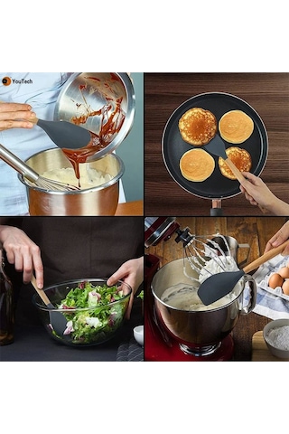 Qerhome Bambu Saplı Silikon Sıyırma Yan Spatula Siyah