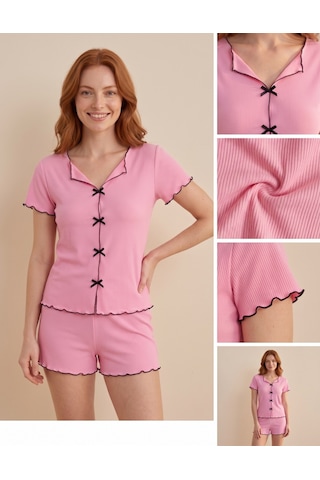Çağrı Bies Kadın Düğmesiz Fitilli Kumaş Fiyonklu %100 Pamuk Fırfır Kısa Kol Mini Şortlu Pijama Takımı Pembe