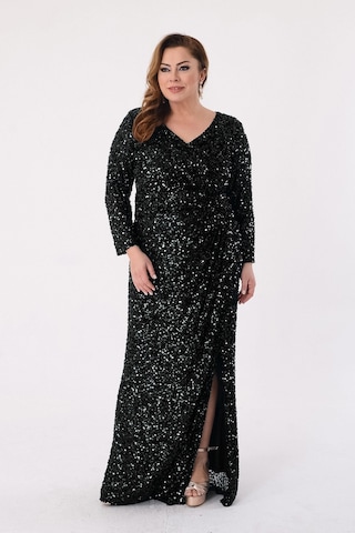 Lilas Xxl Kadın Büyük Beden Pul Payetli V Yaka Uzun Abiye Elbise 2479 Siyah Siyah