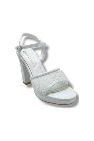 Erbay 320-26 Simli Dantelli Cilt Tek Bant Kalın Topuk Kadın Sandalet 11cm Beyaz