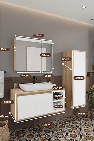 Lale Beyaz 90 Cm %100 Mdf Lavabolu Banyo Dolabı + Boy Dolabı Beyaz Meşe
