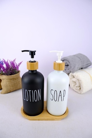 Digithome 2 Li Ahşap Standlı Cam Sıvı Sabun Ve Losyon Şişesi Sabunluk 500 Ml - E/6 C1-1-289