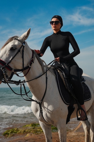 Gugus Kadın Fermuarlı Uzun Tulum Deniz/havuz Tesetür Mayosu Siyah