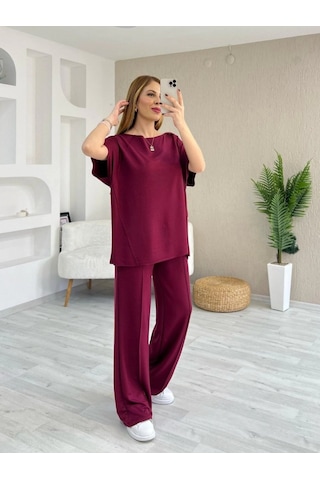 Modi Kadın Kısa Kollu Kayık Yakalı Dikiş Izi Detaylı Viskon Iki Iplik Bluz Ve Pantolon Ikili Takım bordo
