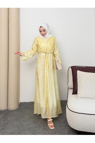 Mihran Butik Silk Model Kemerli Bilek Büzgü Desen Detaylı Kadın Elbise Sarı